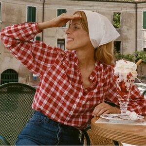 NWT Doen Holde Cotton Button Long Sleeve Top Alsace Plaid Picnic Red White